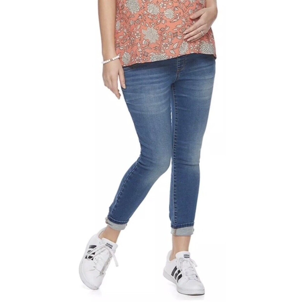 New A Glow Maternity Blue Denim Jeans 10 Belly Panel Capri Crop Slim Fit